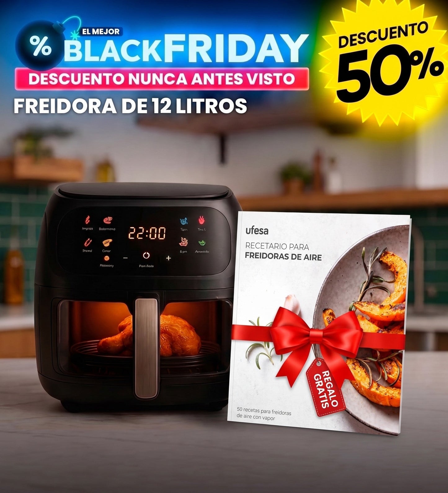 Freidora De Aire 12 Litros + Libro de Recetas Exclusivo (BLACK FRIDAY 50% OFF)