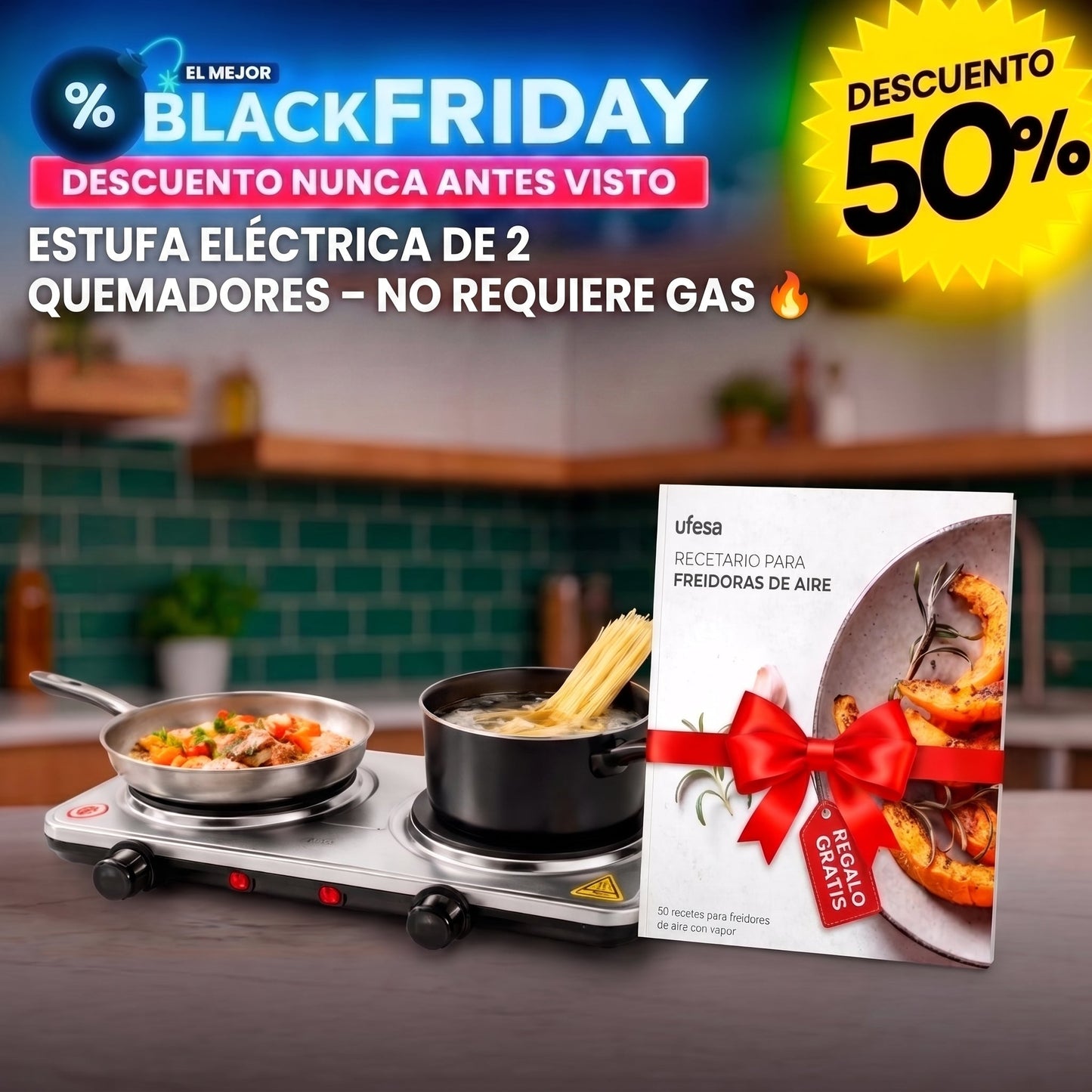 Estufa Electrica + Libro de Recetas Exclusivo (NO REQUIERE GAS🔥)