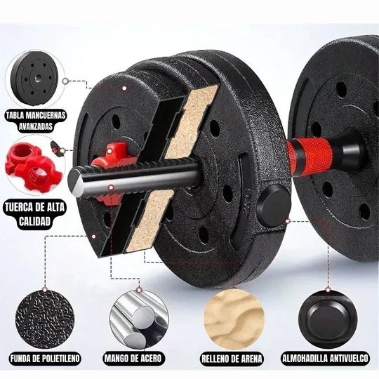 Kit Pesas Mancuerna 20kg Set Convertible |23 Artículos|