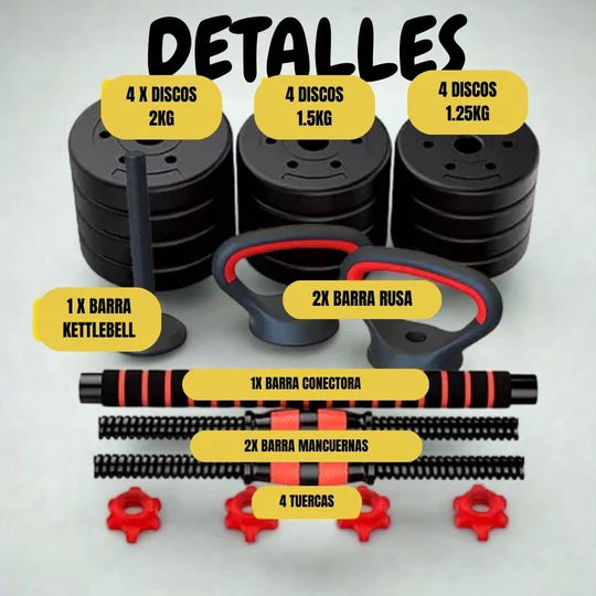 Kit Pesas Mancuerna 20kg Set Convertible |23 Artículos|